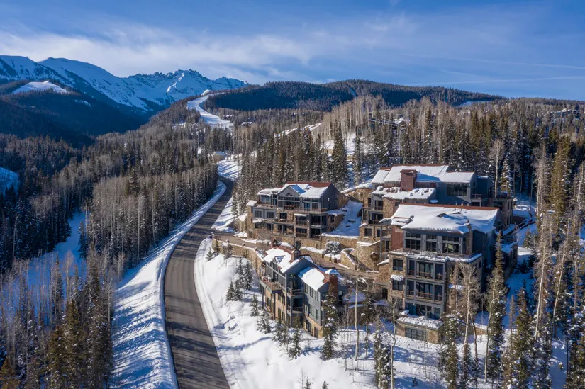 Luxury Mountain Village resort aerial view in winter